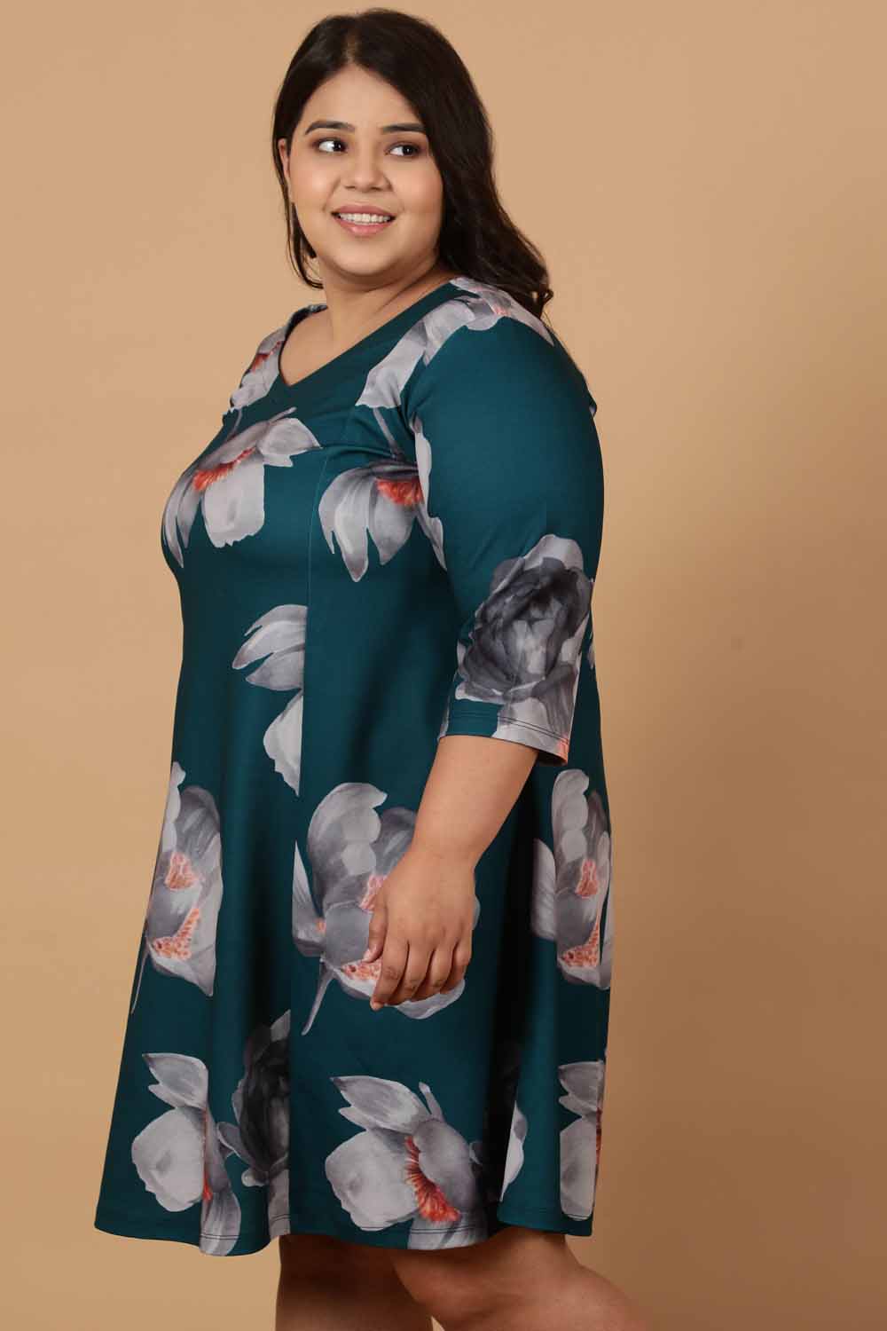 Plus Size Dark Green Floral Printed Dress for Women