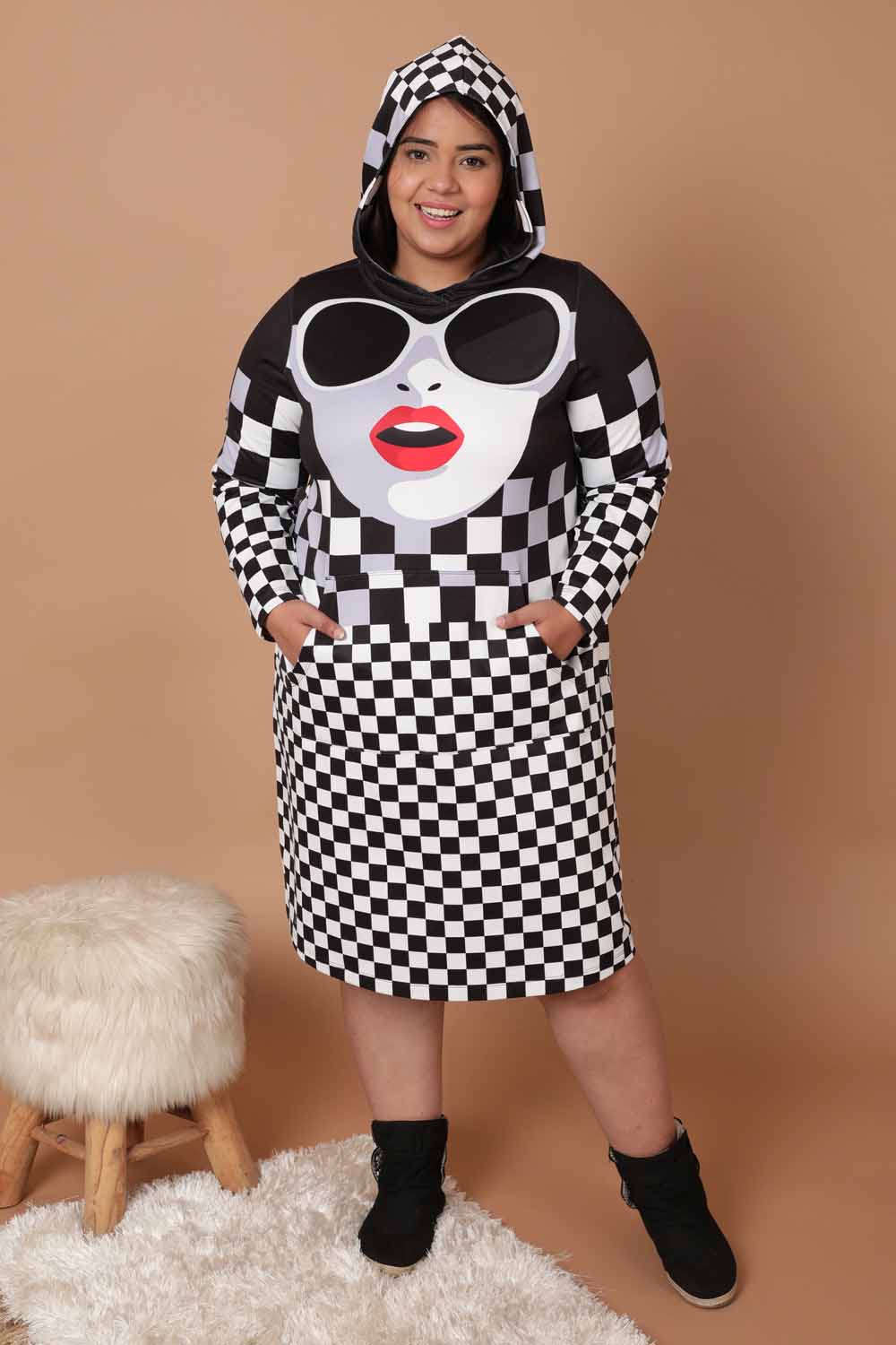 Plus Size Bold Face Plaid Printed Sweatshirt Hoodie Winter Dress