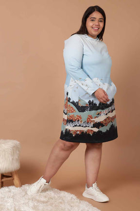 Plus Size Blue Paradise Printed Sweatshirt Hoodie Winter Dress
