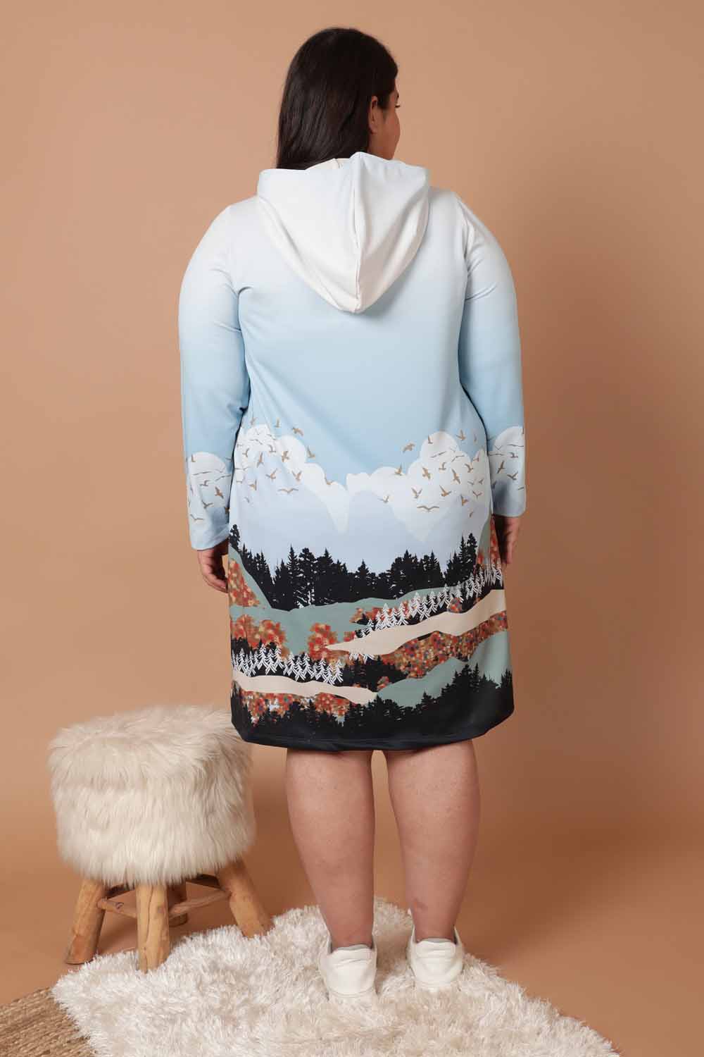 Plus Size Blue Paradise Printed Sweatshirt Hoodie Winter Dress