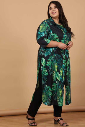 Plus Size Midnight Tropical Printed Kurta Cum Shrug