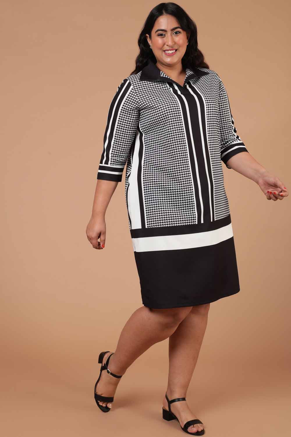 Comfortable Houndstooth Print Shirt Dress