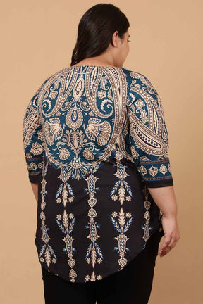 Plus Size Black Luxe Ethnic Print Centre Pleat Top