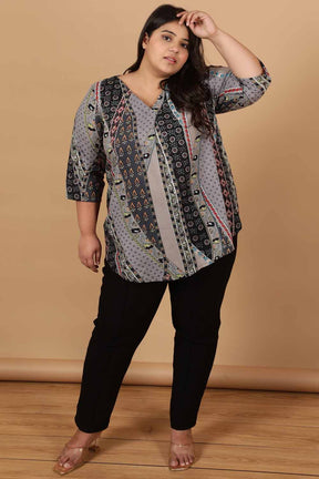 Plus Size Grey Printed Cotton Top