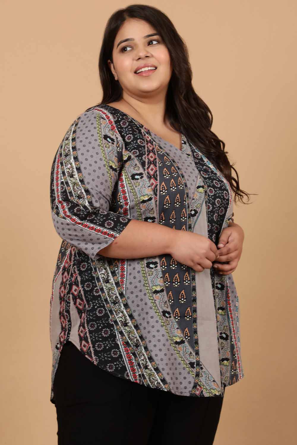 Plus Size Grey Printed Cotton Top for Women
