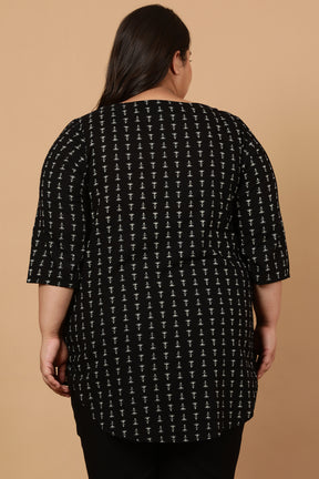 Black Linear Printed Cotton Top