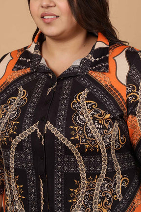 Plus Size Black Baroque Printed Kurta Cum Shrug