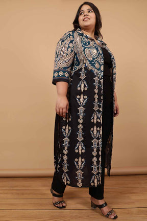 Plus Size Black Luxe Ethnic Print Kurta Cum Shrug