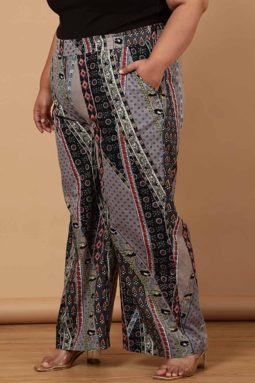Plus Size Grey Printed Cotton High Waist Pants for Women