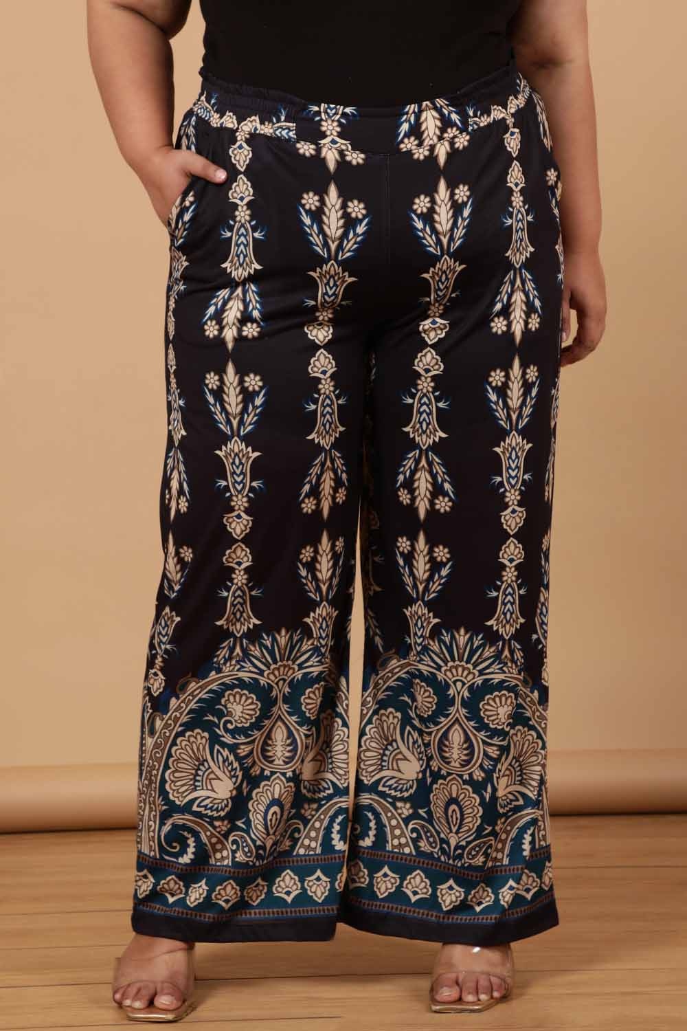 Plus Size Plus Size Black Luxe Ethnic Print High Waist Pants