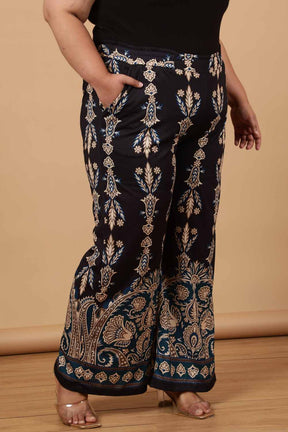 Plus Size Black Luxe Ethnic Print High Waist Pants