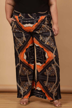 Plus Size Black Baroque Printed High Waist Pants