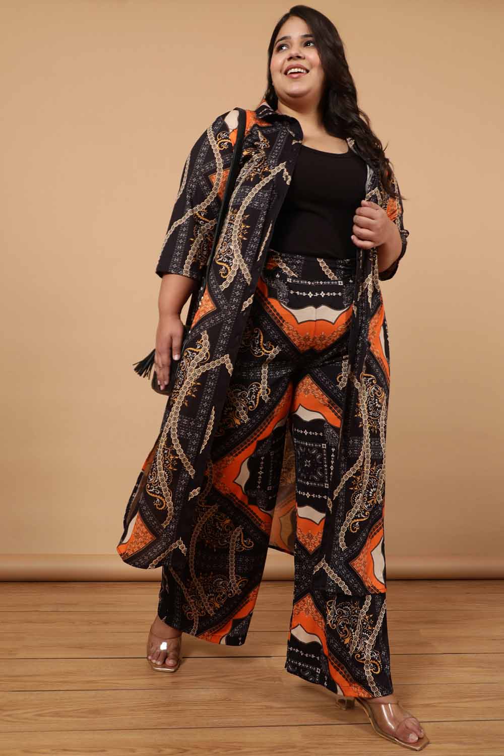 Plus Size Black Baroque Printed Kurta Cum Shrug