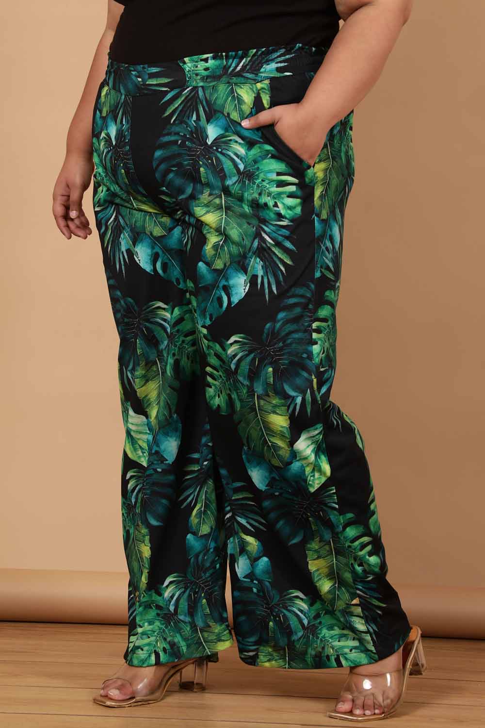 Plus Size Midnight Tropical Printed High Waist Pants for Women