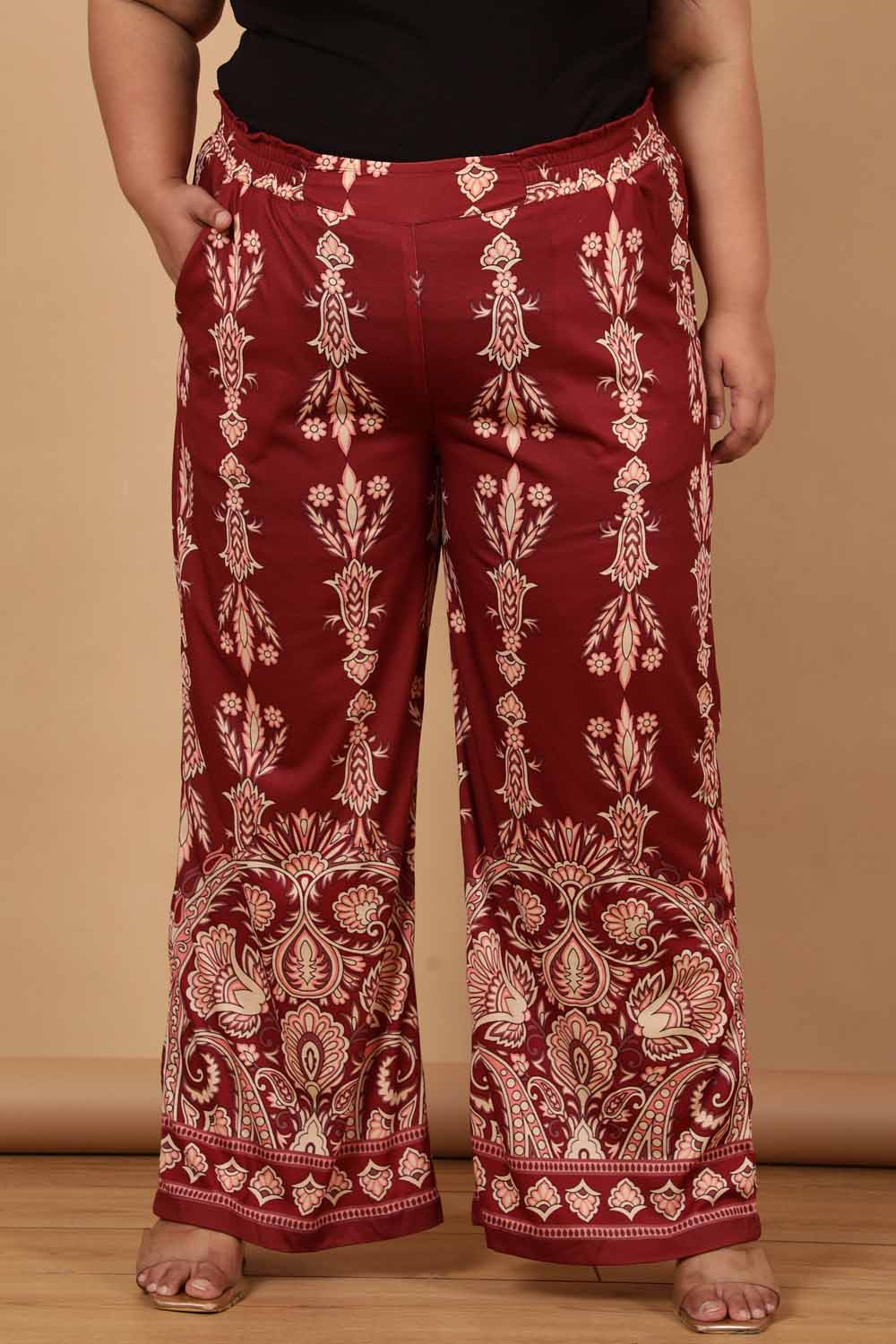 Plus Size Plus Size Maroon Luxe Ethnic Print High Waist Pants