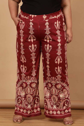 Plus Size Maroon Luxe Ethnic Print High Waist Pants