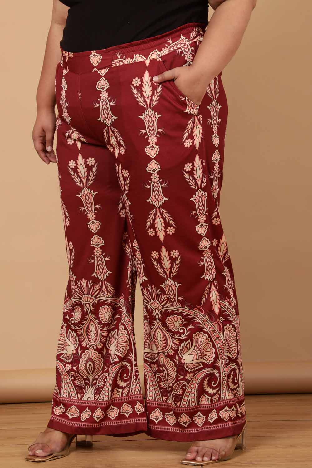 Plus Size Maroon Luxe Ethnic Print High Waist Pants for Women