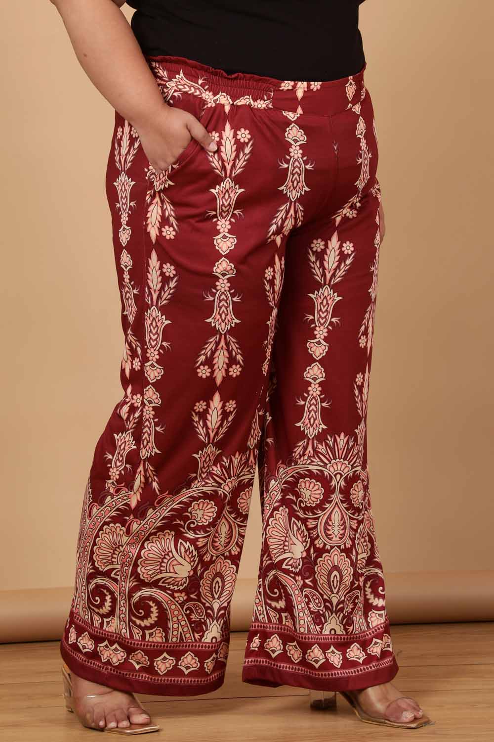 Comfortable Plus Size Maroon Luxe Ethnic Print High Waist Pants