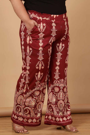 Plus Size Maroon Luxe Ethnic Print High Waist Pants