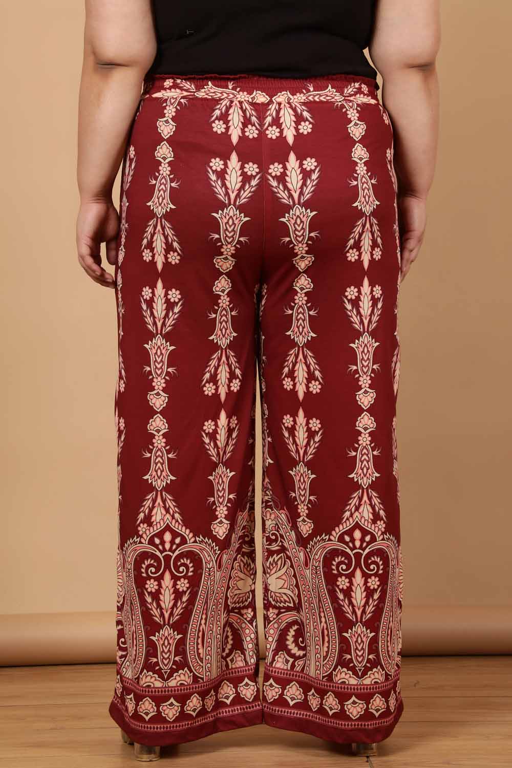 Plus Size Maroon Luxe Ethnic Print High Waist Pants
