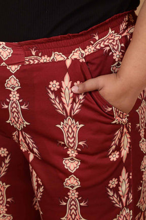 Plus Size Maroon Luxe Ethnic Print High Waist Pants