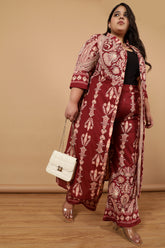 Plus Size Maroon Luxe Ethnic Print Kurta Cum Shrug