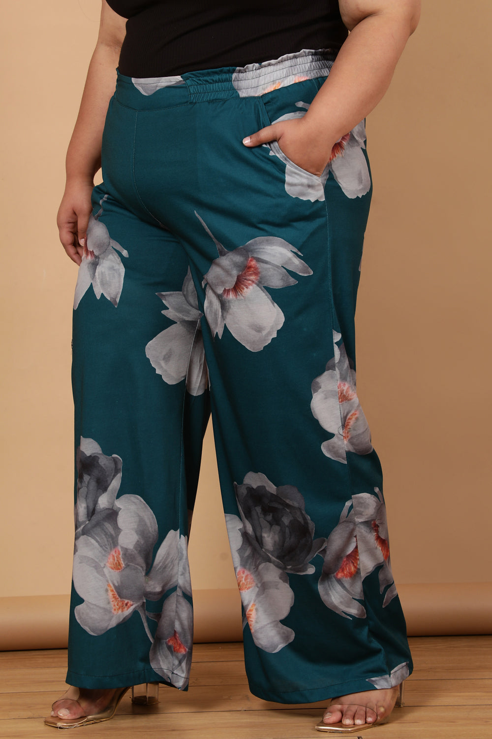 Plus Size Dark Green Floral Printed High Waist Pants for Women