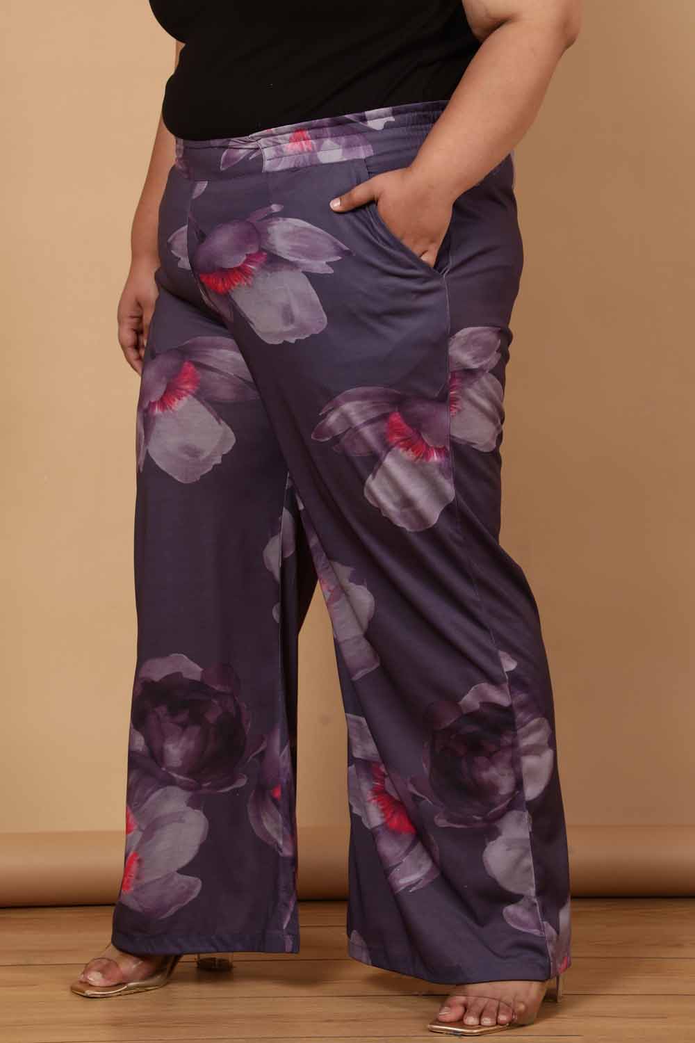 Plus Size Purple Floral Printed High Waist Pants for Women