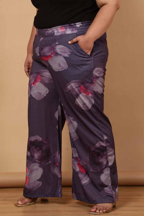 Plus Size Purple Floral Printed High Waist Pants