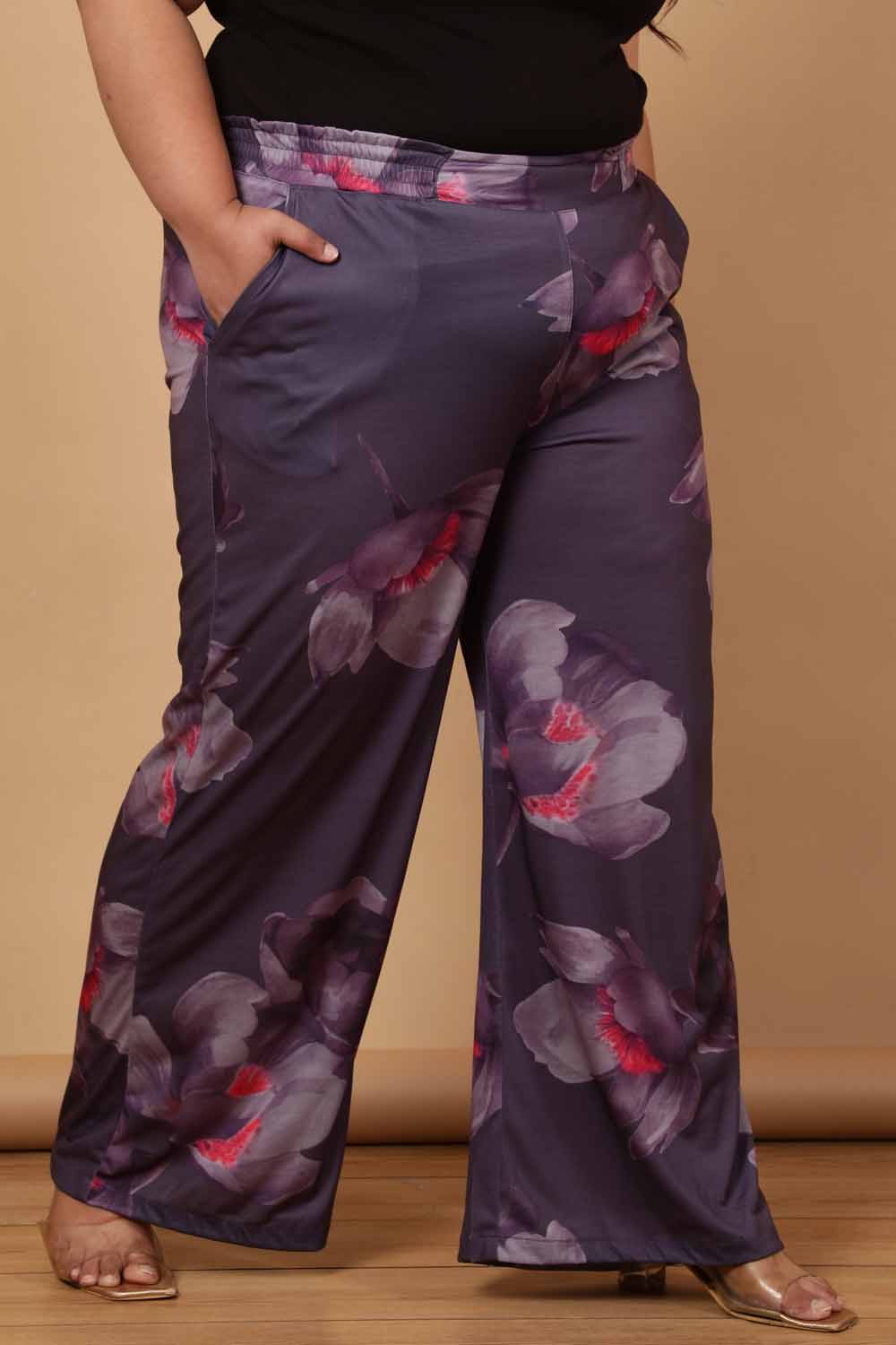 Comfortable Plus Size Purple Floral Printed High Waist Pants