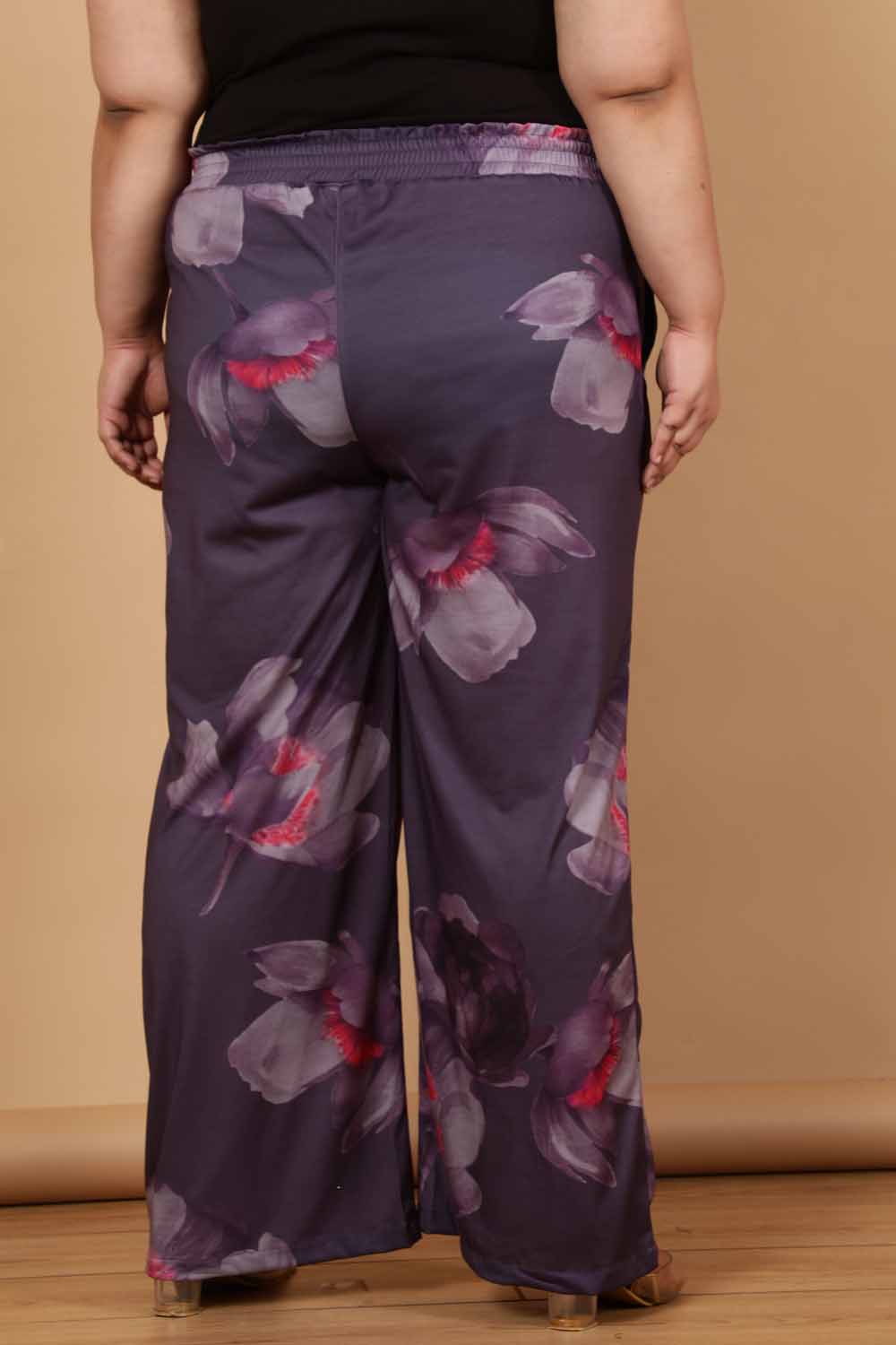 Plus Size Purple Floral Printed High Waist Pants