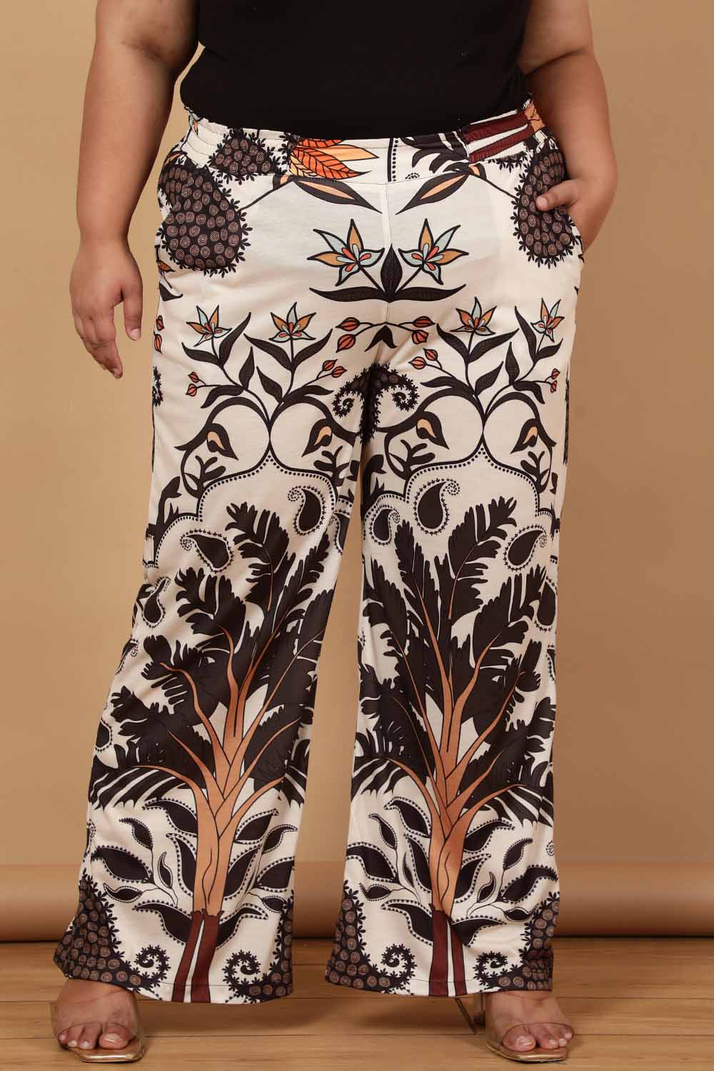 Plus Size Plus Size Off White Placement Printed High Waist Pants