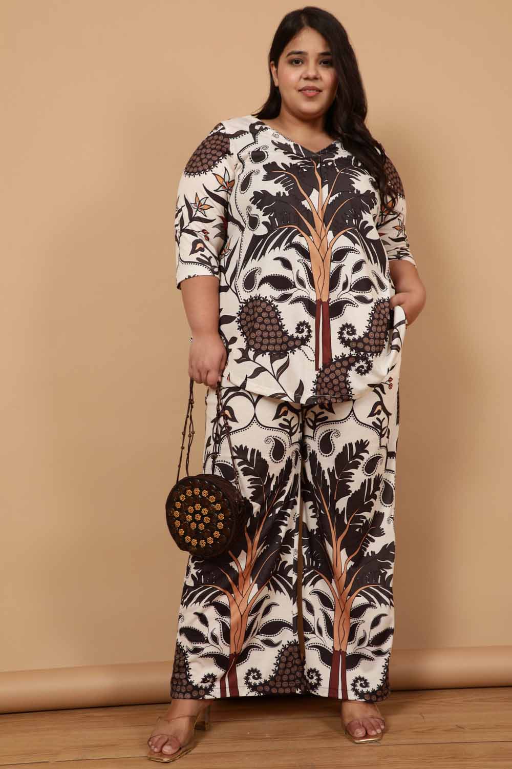 Buy Plus Size Off White Placement Printed High Waist Pants