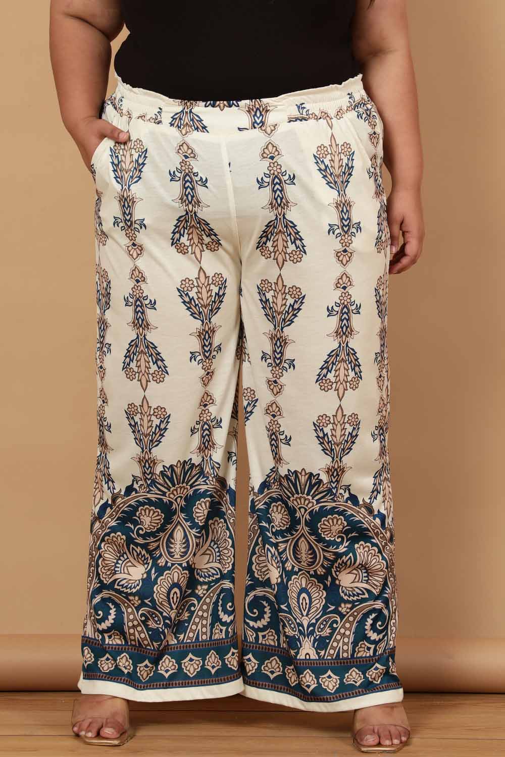 Plus Size Plus Size Cream Luxe Ethnic Print High Waist Pants