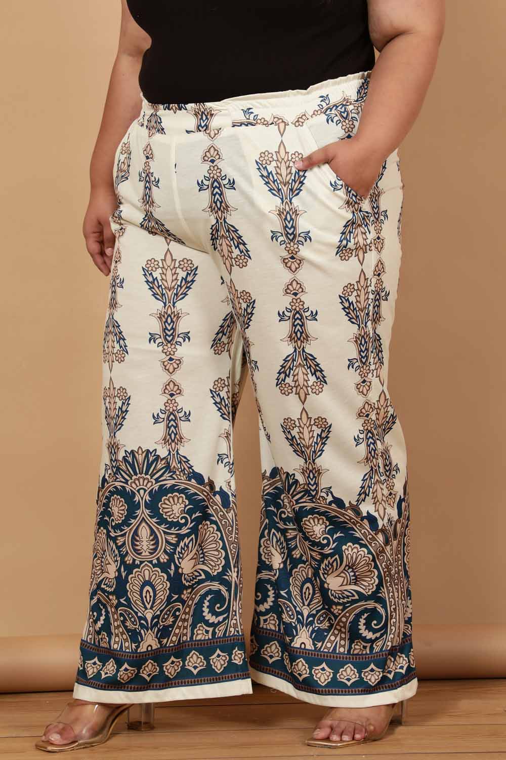 Plus Size Cream Luxe Ethnic Print High Waist Pants for Women