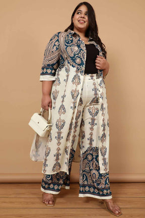 Plus Size Cream Luxe Ethnic Print Kurta Cum Shrug