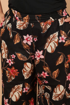 Plus Size Black Floral Print Cotton High Waist Pants