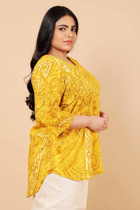 Plus Size Yellow Paisely Print Cotton Top