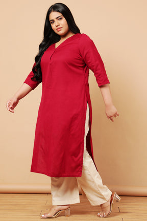 Red Cotton Linen V Neck Centre Pleat Kurti