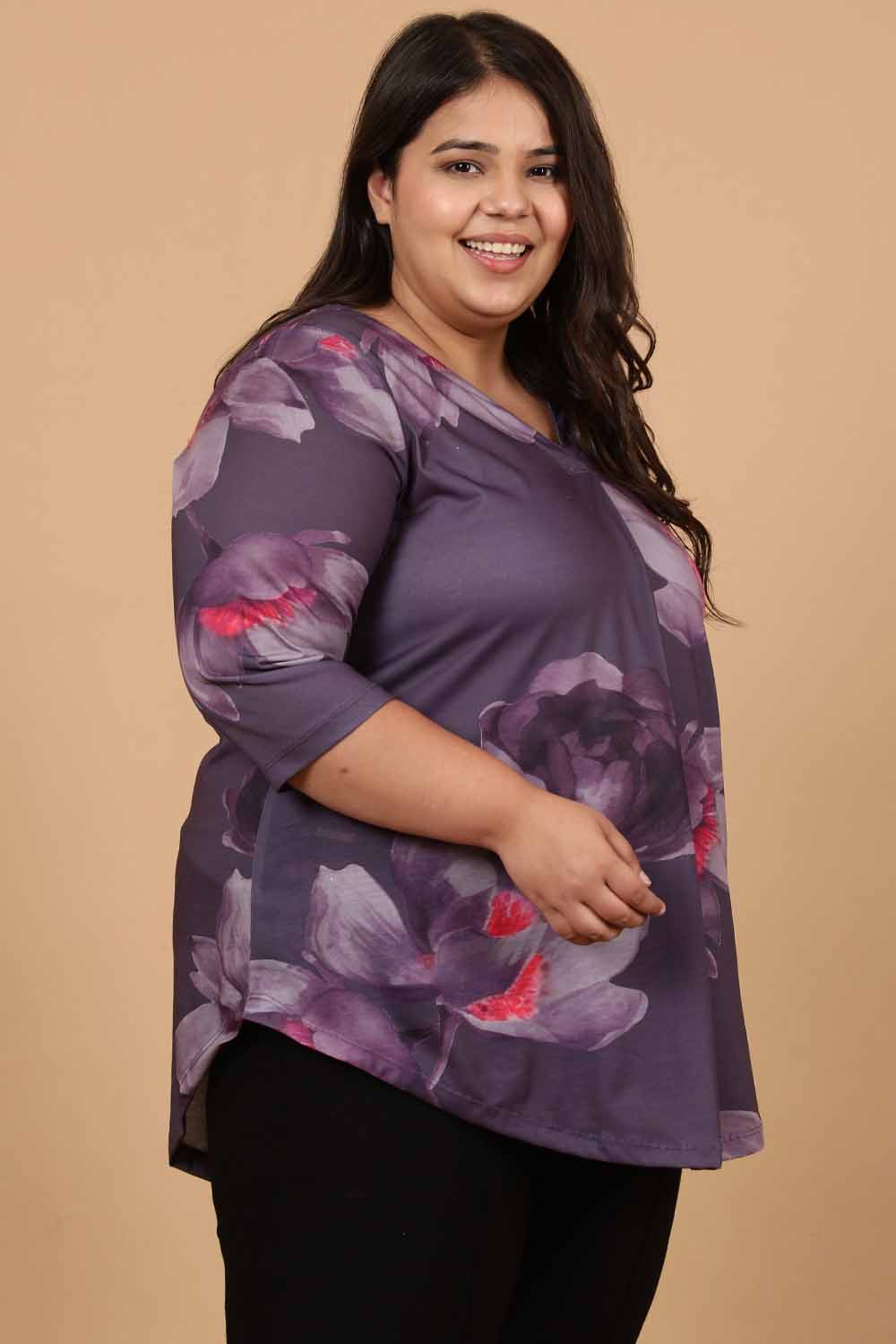 Plus Size Purple Floral Printed Centre Pleat Top for Women