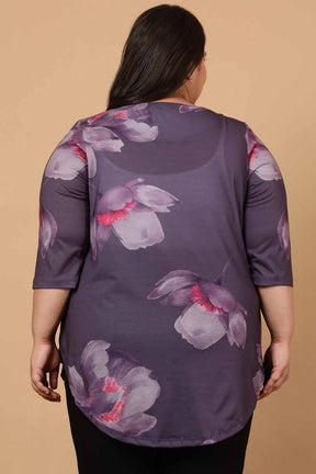 Plus Size Purple Floral Printed Centre Pleat Top