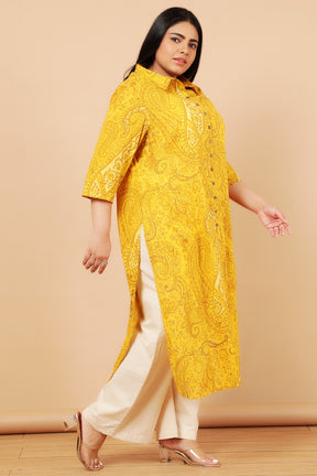 Plus Size Yellow Paisely Print Cotton Kurta Shrug