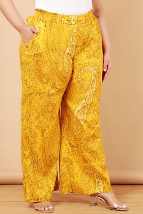 Yellow Paisely Print Cotton High Waist Pants