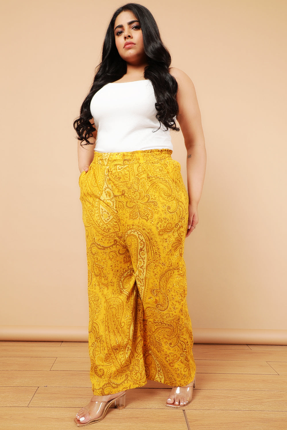 Yellow Paisely Print Cotton High Waist Pants