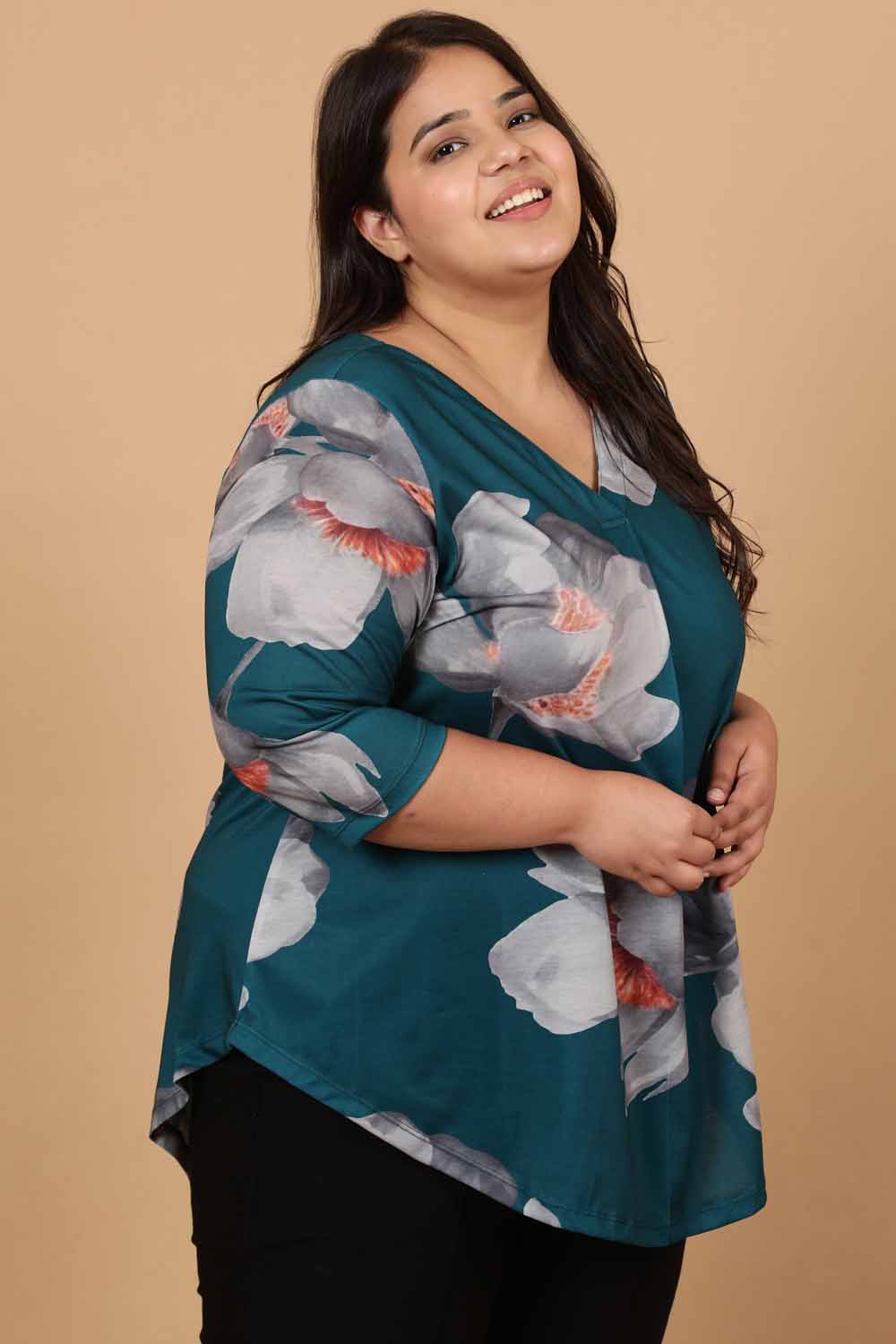 Plus Size Dark Green Floral Printed Centre Pleat Top for Women