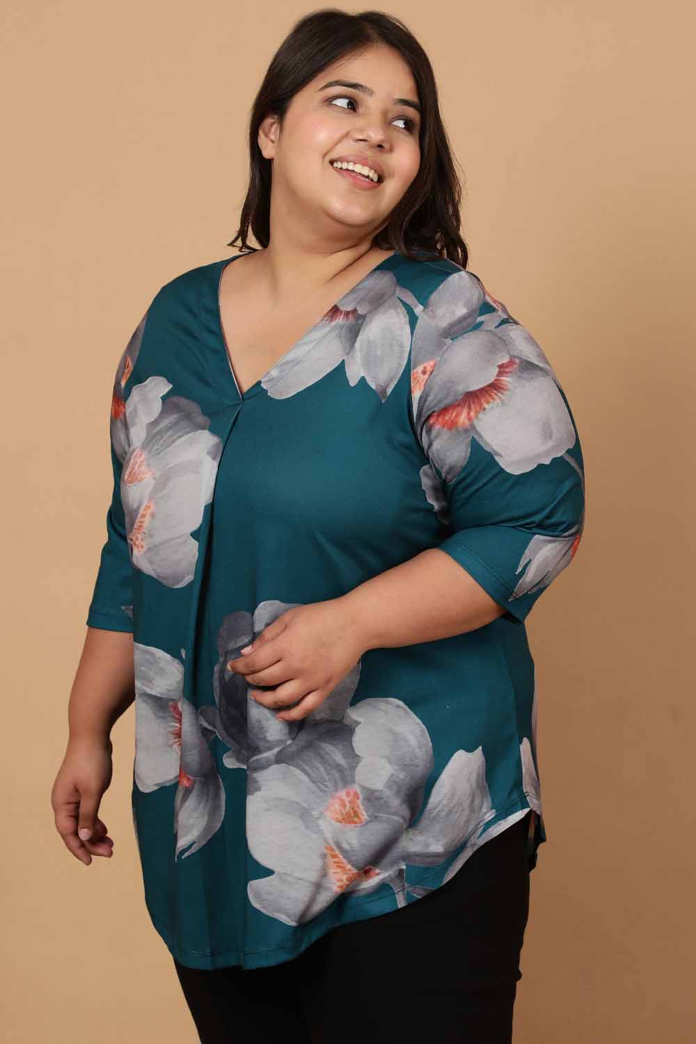 Comfortable Plus Size Dark Green Floral Printed Centre Pleat Top