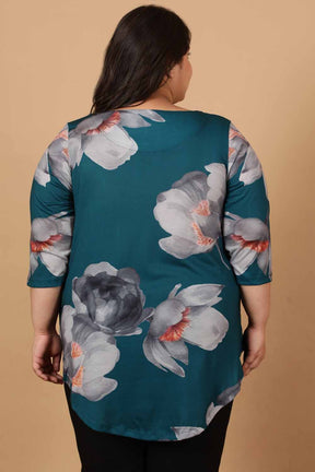 Plus Size Dark Green Floral Printed Centre Pleat Top