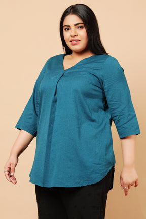 Teal Cotton Linen Centre Pleat Top