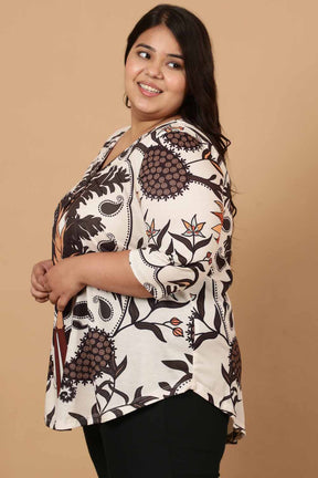 Plus Size Off White Placement Printed Centre Pleat Top