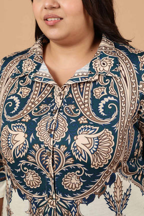 Plus Size Cream Luxe Ethnic Print Kurta Cum Shrug